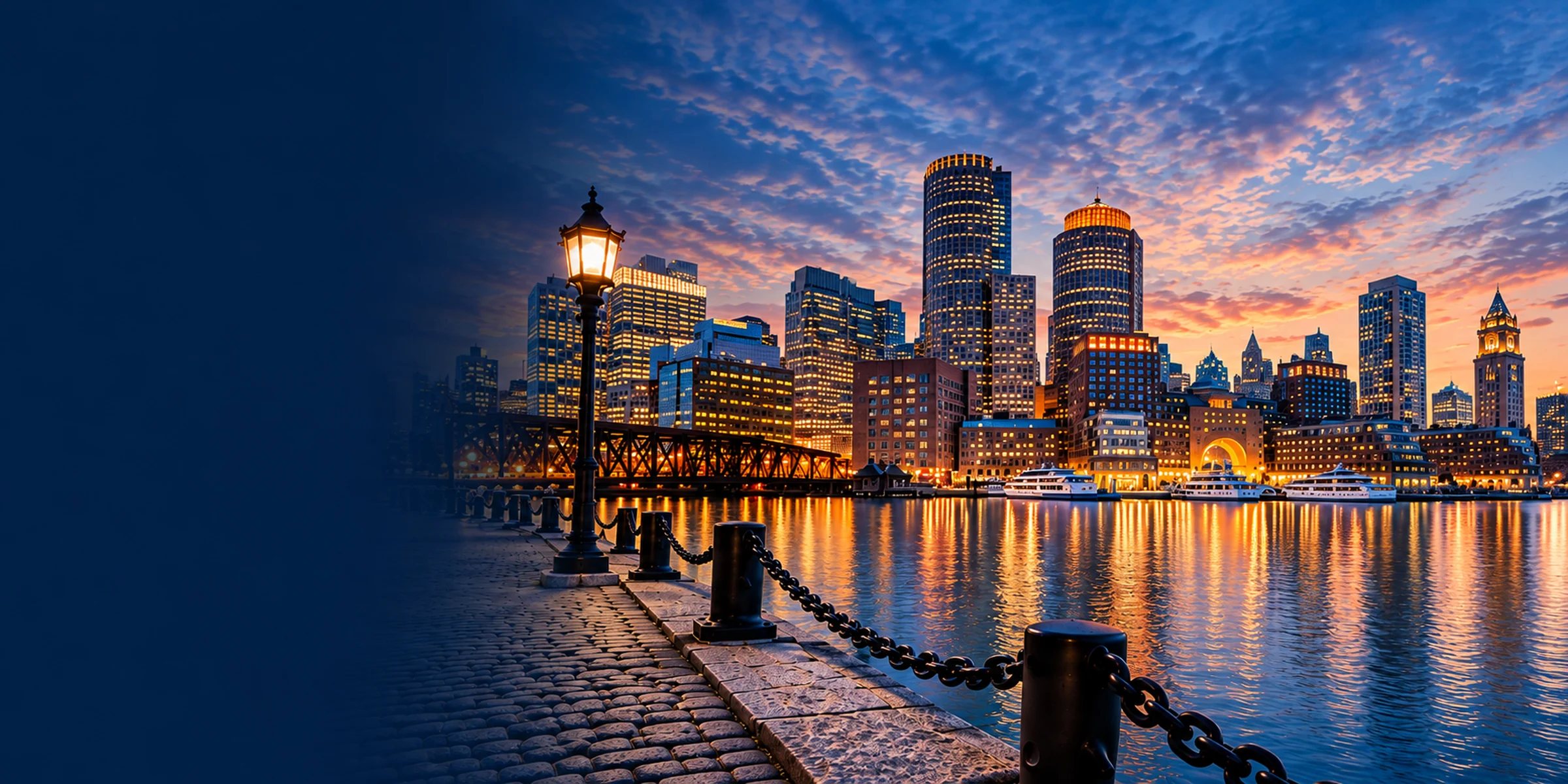 Boston Seaport skyline at dusk, with city lights reflecting on the harbor beside a lamplit waterfront walkway.