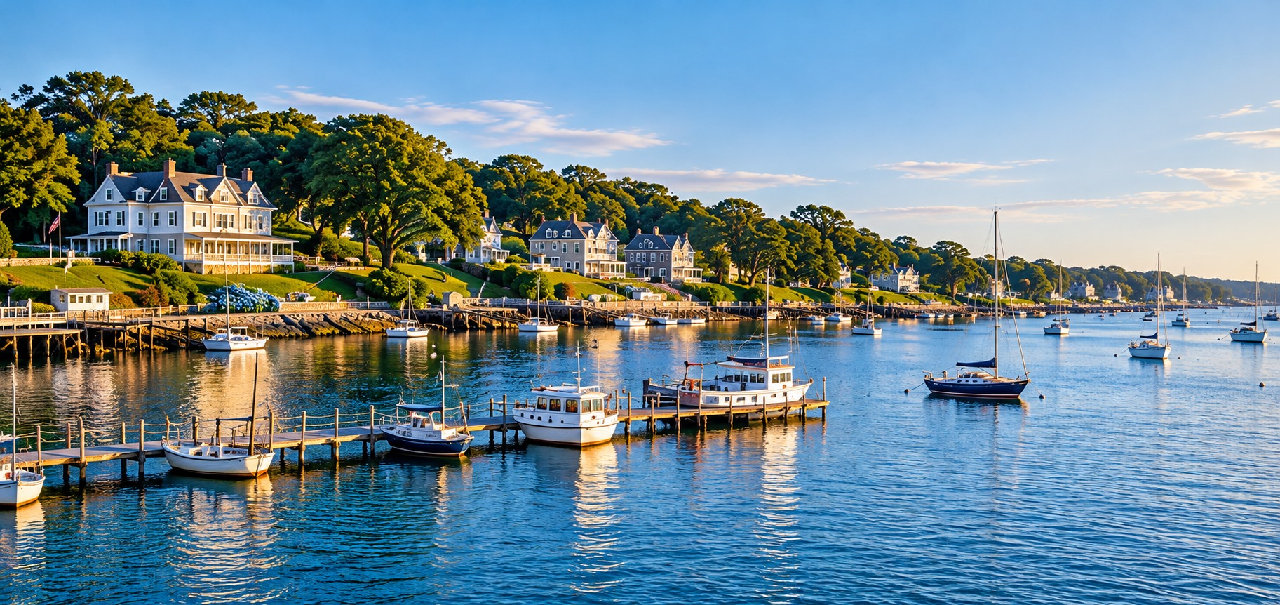 Connecticut harbor at golden hour with boats moored along the docks.