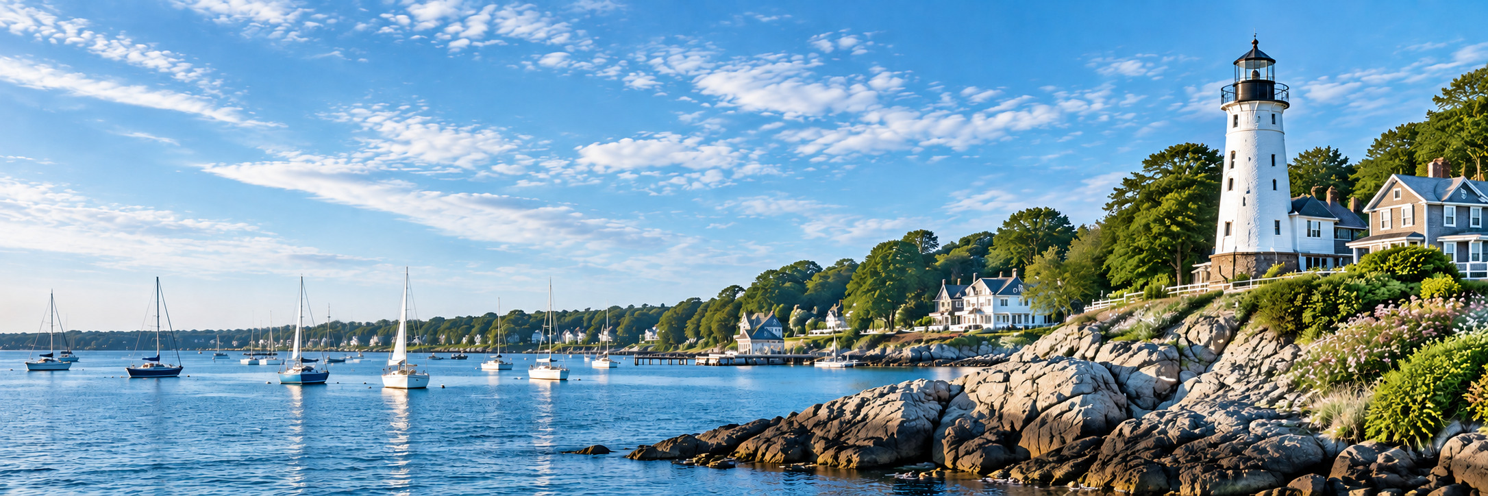 Connecticut shoreline with a white lighthouse, rocky coast and sailboats on the water.