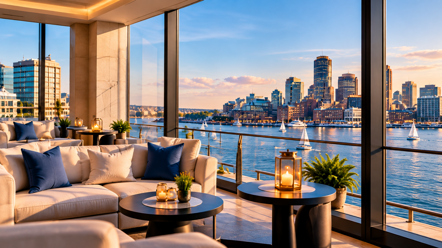 Waterfront lounge overlooking Boston Harbor at sunset.