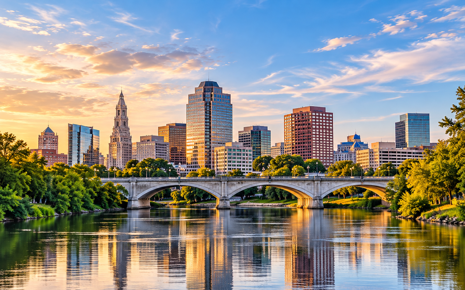 Hartford, Connecticut skyline above the Connecticut River and a stone arch bridge, framed by early autumn trees.