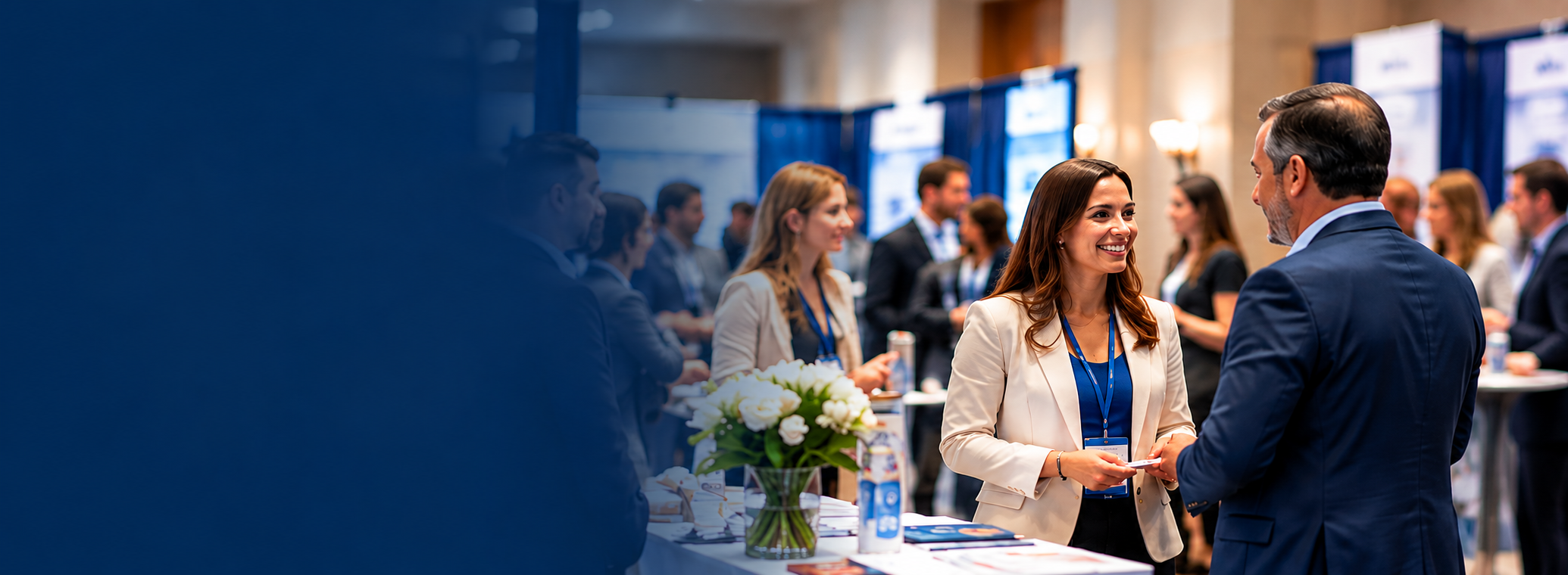 Dermatology professionals meeting with industry representatives at a conference exhibit hall.