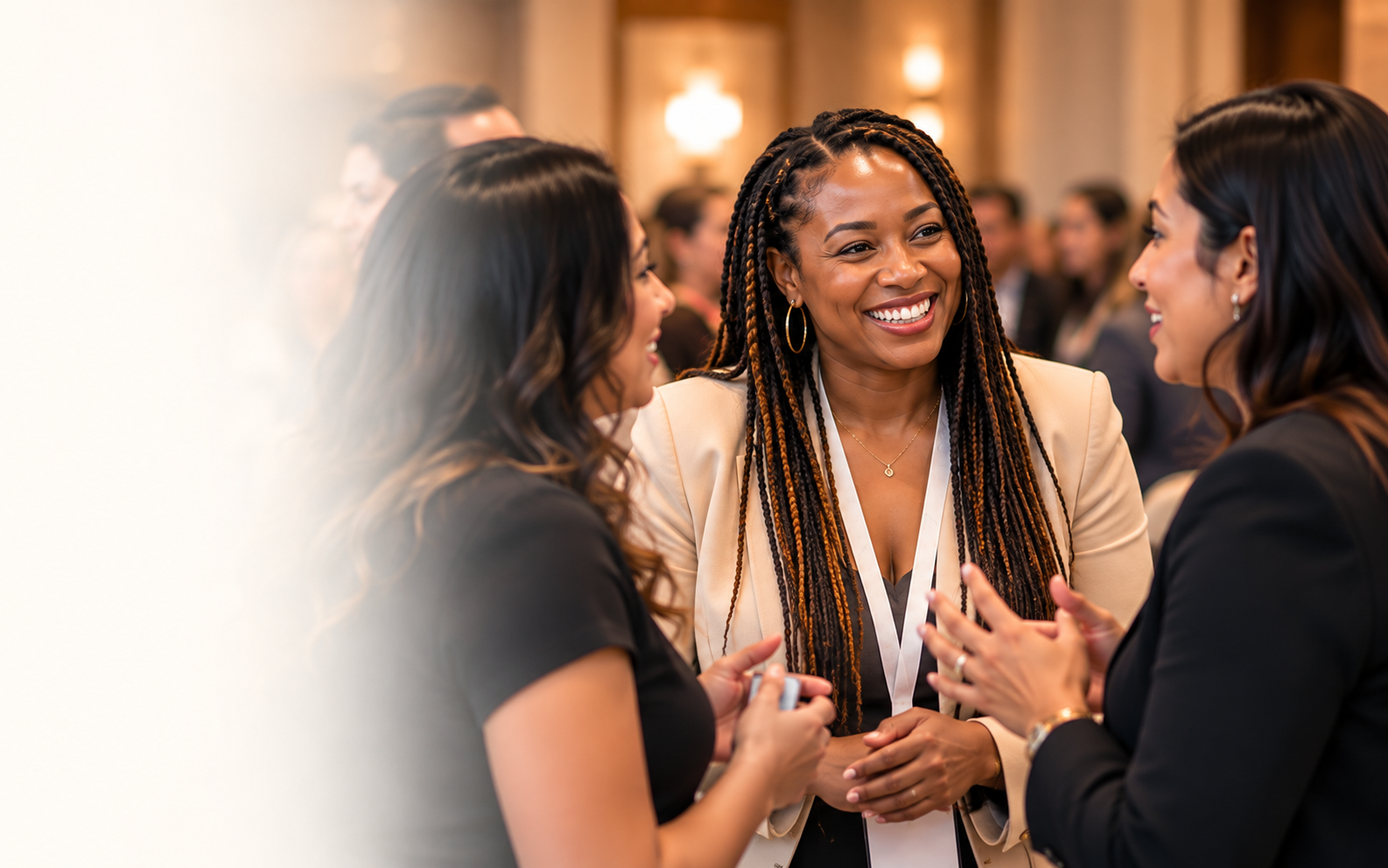 Three dermatology professionals in conversation and smiling at a networking reception.