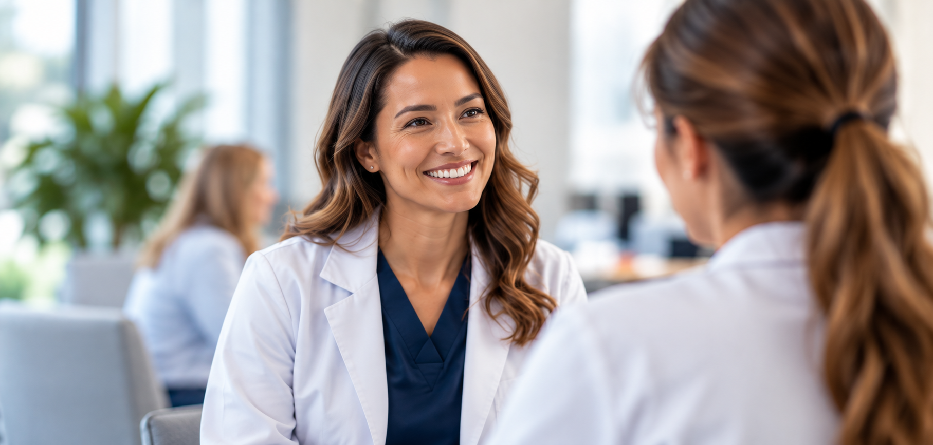Smiling dermatology clinician in a white coat in conversation with a colleague in a modern clinic.