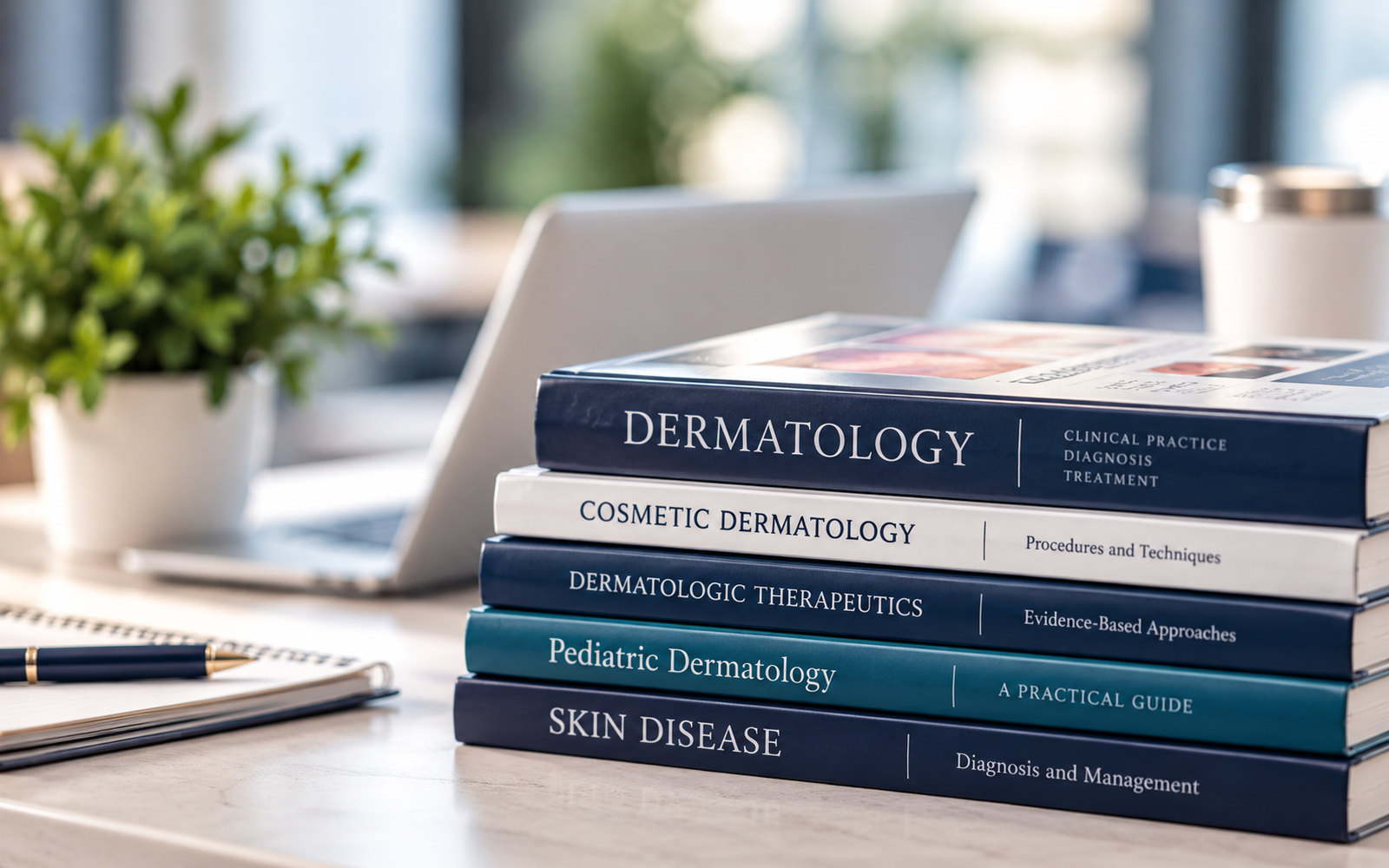 A stack of dermatology textbooks on a desk beside a laptop in a bright study space.